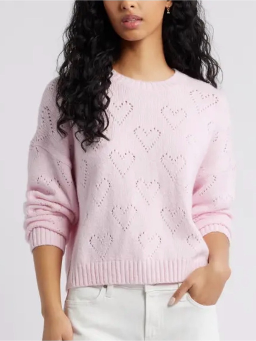 BP. Pointelle Heart Cotton Blend Sweater in Pink Sz L